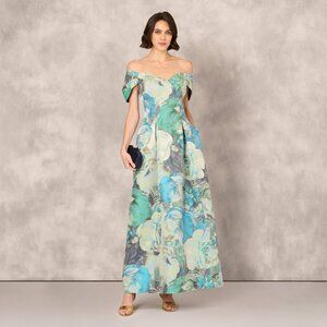 Adrianna Papell Off Shoulder Floral Jacquard Pleated Gown In Blue Multi Size 16B